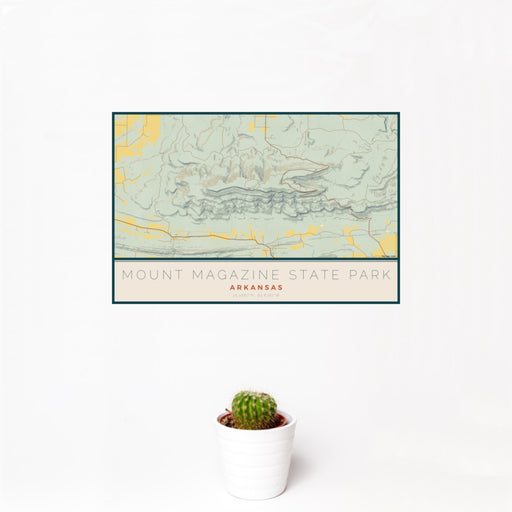 12x18 Mount Magazine State Park Arkansas Map Print Landscape Orientation in Woodblock Style With Small Cactus Plant in White Planter