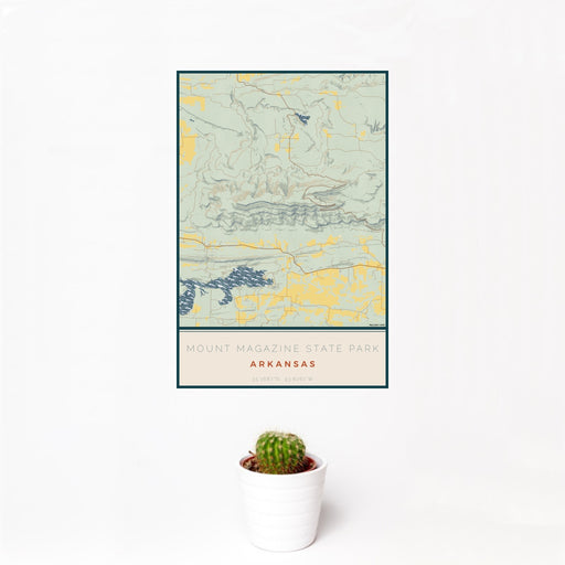 12x18 Mount Magazine State Park Arkansas Map Print Portrait Orientation in Woodblock Style With Small Cactus Plant in White Planter