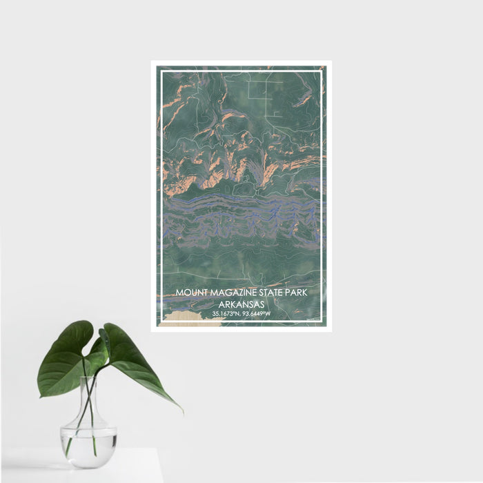 16x24 Mount Magazine State Park Arkansas Map Print Portrait Orientation in Afternoon Style With Tropical Plant Leaves in Water