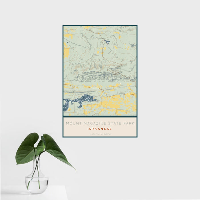 16x24 Mount Magazine State Park Arkansas Map Print Portrait Orientation in Woodblock Style With Tropical Plant Leaves in Water