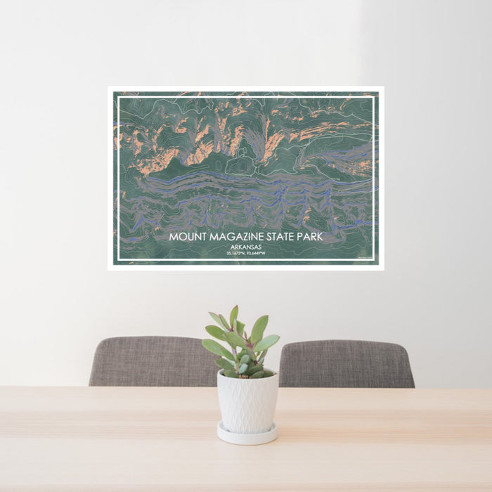 24x36 Mount Magazine State Park Arkansas Map Print Lanscape Orientation in Afternoon Style Behind 2 Chairs Table and Potted Plant