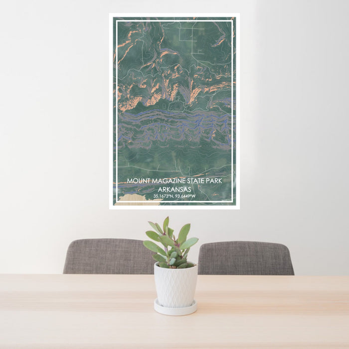 24x36 Mount Magazine State Park Arkansas Map Print Portrait Orientation in Afternoon Style Behind 2 Chairs Table and Potted Plant