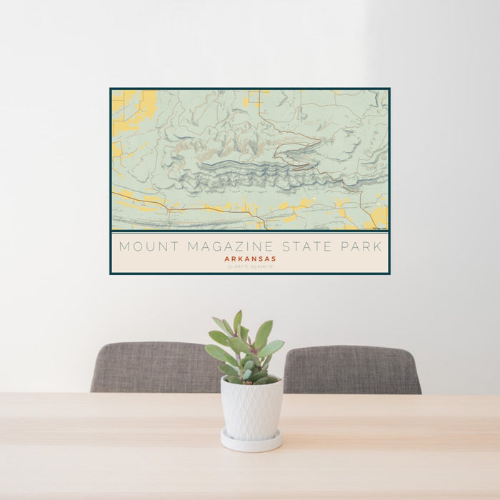 24x36 Mount Magazine State Park Arkansas Map Print Lanscape Orientation in Woodblock Style Behind 2 Chairs Table and Potted Plant