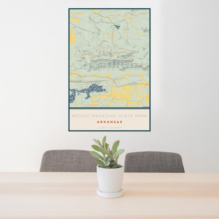 24x36 Mount Magazine State Park Arkansas Map Print Portrait Orientation in Woodblock Style Behind 2 Chairs Table and Potted Plant