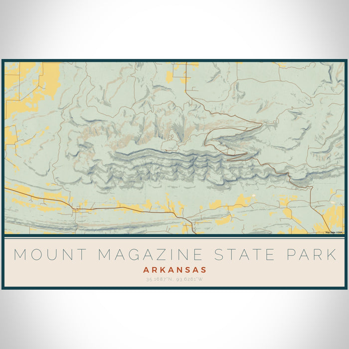 Mount Magazine State Park Arkansas Map Print Landscape Orientation in Woodblock Style With Shaded Background
