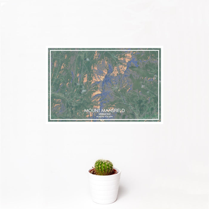 12x18 Mount Mansfield Vermont Map Print Landscape Orientation in Afternoon Style With Small Cactus Plant in White Planter