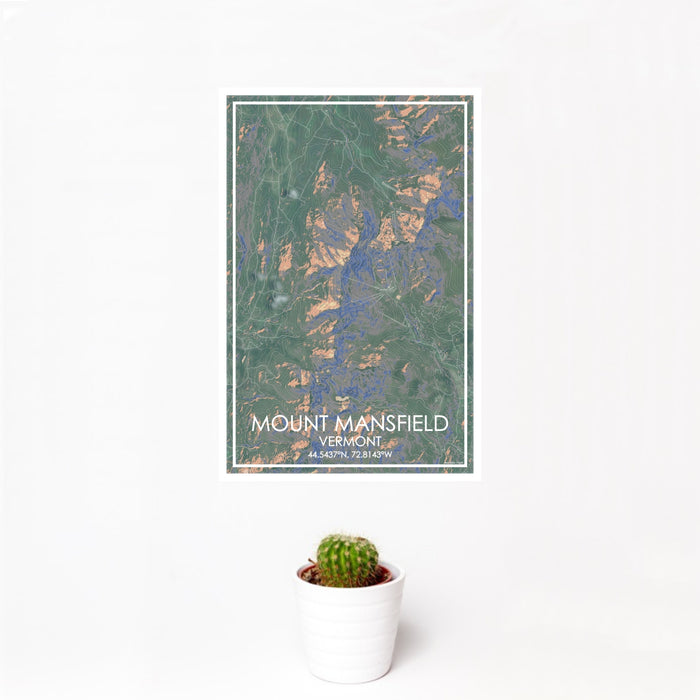 12x18 Mount Mansfield Vermont Map Print Portrait Orientation in Afternoon Style With Small Cactus Plant in White Planter