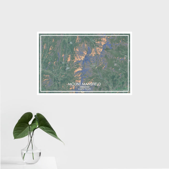16x24 Mount Mansfield Vermont Map Print Landscape Orientation in Afternoon Style With Tropical Plant Leaves in Water