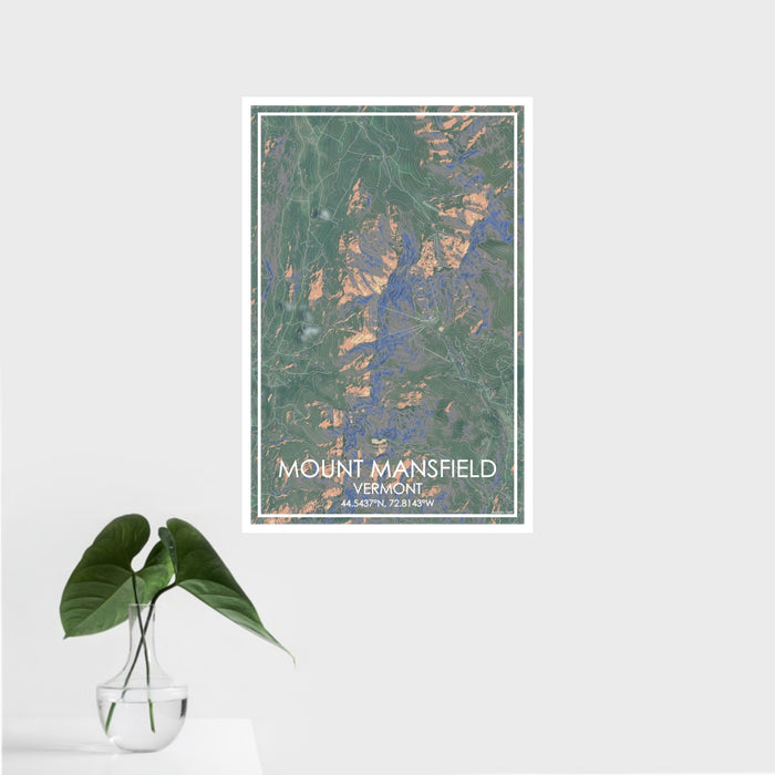 16x24 Mount Mansfield Vermont Map Print Portrait Orientation in Afternoon Style With Tropical Plant Leaves in Water
