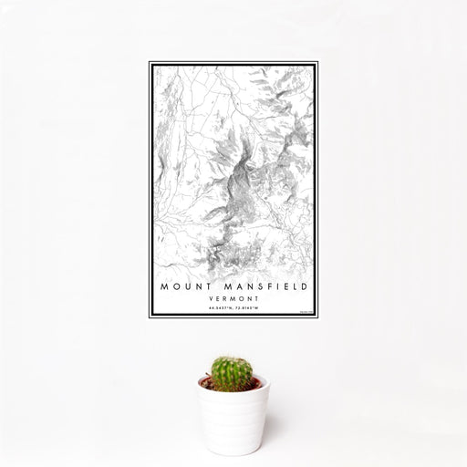 12x18 Mount Mansfield Vermont Map Print Portrait Orientation in Classic Style With Small Cactus Plant in White Planter