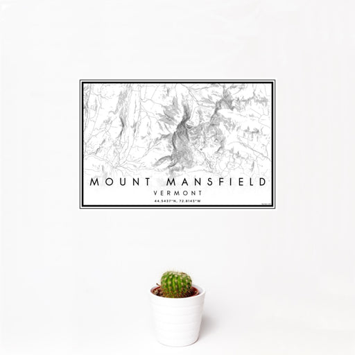 12x18 Mount Mansfield Vermont Map Print Landscape Orientation in Classic Style With Small Cactus Plant in White Planter