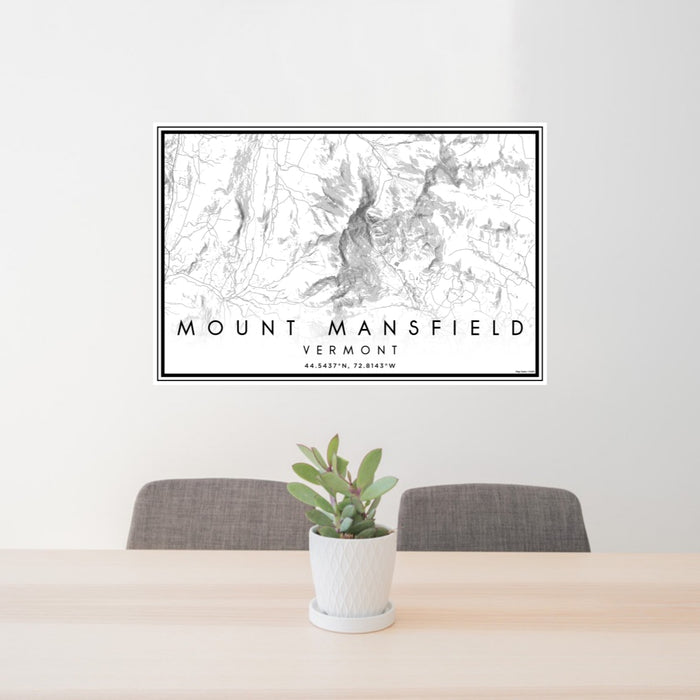 24x36 Mount Mansfield Vermont Map Print Landscape Orientation in Classic Style Behind 2 Chairs Table and Potted Plant
