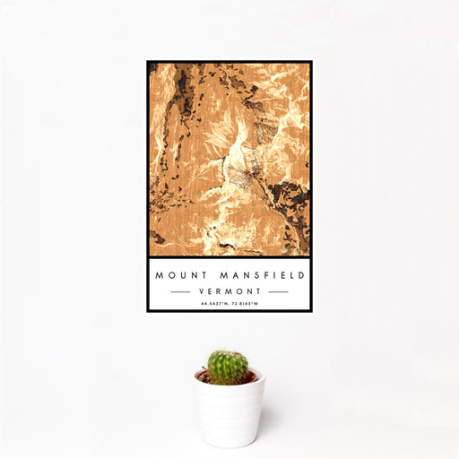 12x18 Mount Mansfield Vermont Map Print Portrait Orientation in Ember Style With Small Cactus Plant in White Planter