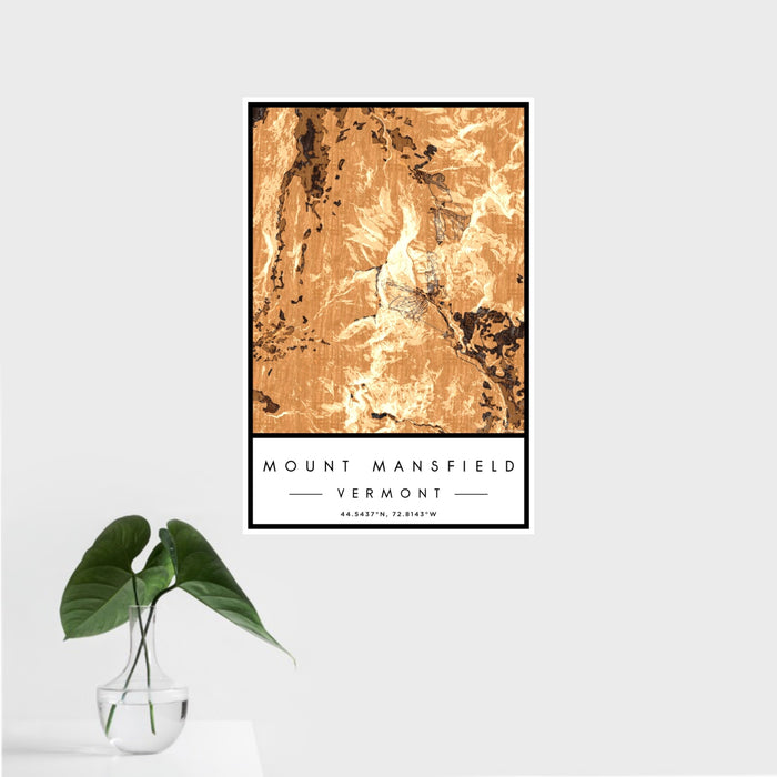 16x24 Mount Mansfield Vermont Map Print Portrait Orientation in Ember Style With Tropical Plant Leaves in Water