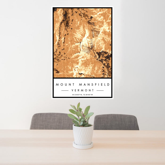 24x36 Mount Mansfield Vermont Map Print Portrait Orientation in Ember Style Behind 2 Chairs Table and Potted Plant