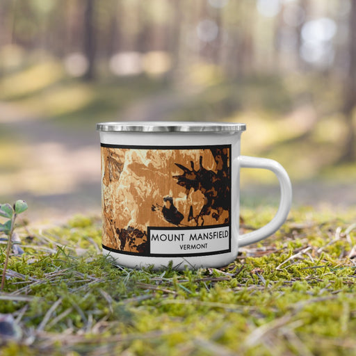 Right View Custom Mount Mansfield Vermont Map Enamel Mug in Ember on Grass With Trees in Background