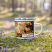 Right View Custom Mount Mansfield Vermont Map Enamel Mug in Ember on Grass With Trees in Background