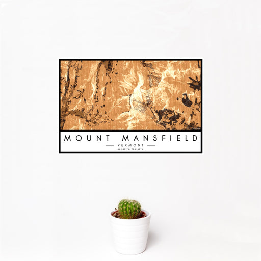 12x18 Mount Mansfield Vermont Map Print Landscape Orientation in Ember Style With Small Cactus Plant in White Planter