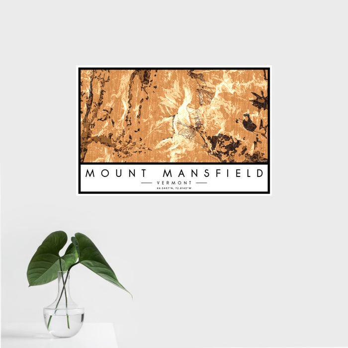 16x24 Mount Mansfield Vermont Map Print Landscape Orientation in Ember Style With Tropical Plant Leaves in Water