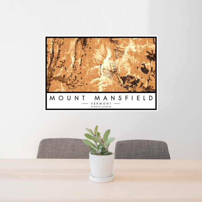 24x36 Mount Mansfield Vermont Map Print Landscape Orientation in Ember Style Behind 2 Chairs Table and Potted Plant