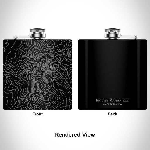 Rendered View of Mount Mansfield Vermont Map Engraving on 6oz Stainless Steel Flask in Black