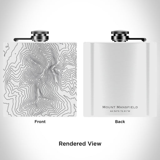Rendered View of Mount Mansfield Vermont Map Engraving on 6oz Stainless Steel Flask in White