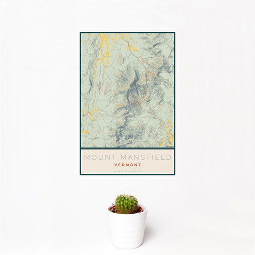 12x18 Mount Mansfield Vermont Map Print Portrait Orientation in Woodblock Style With Small Cactus Plant in White Planter