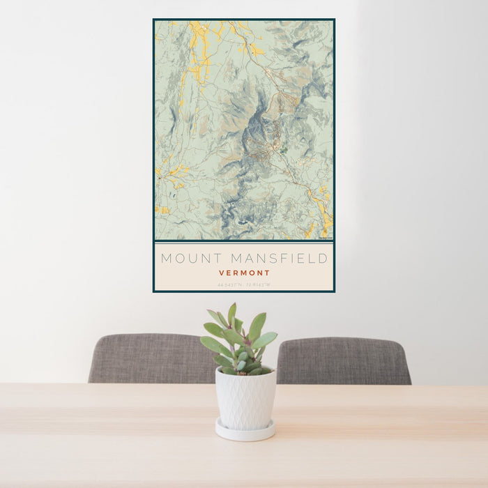 24x36 Mount Mansfield Vermont Map Print Portrait Orientation in Woodblock Style Behind 2 Chairs Table and Potted Plant