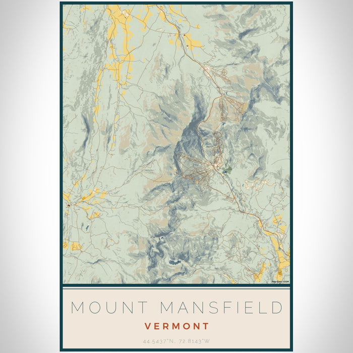 Mount Mansfield Vermont Map Print Portrait Orientation in Woodblock Style With Shaded Background