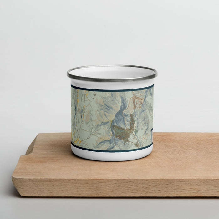 Front View Custom Mount Mansfield Vermont Map Enamel Mug in Woodblock on Cutting Board