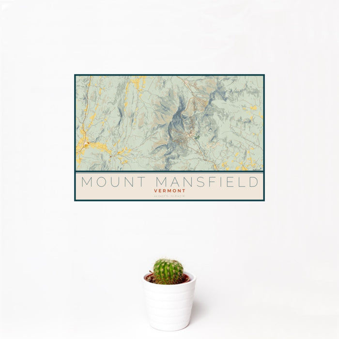 12x18 Mount Mansfield Vermont Map Print Landscape Orientation in Woodblock Style With Small Cactus Plant in White Planter