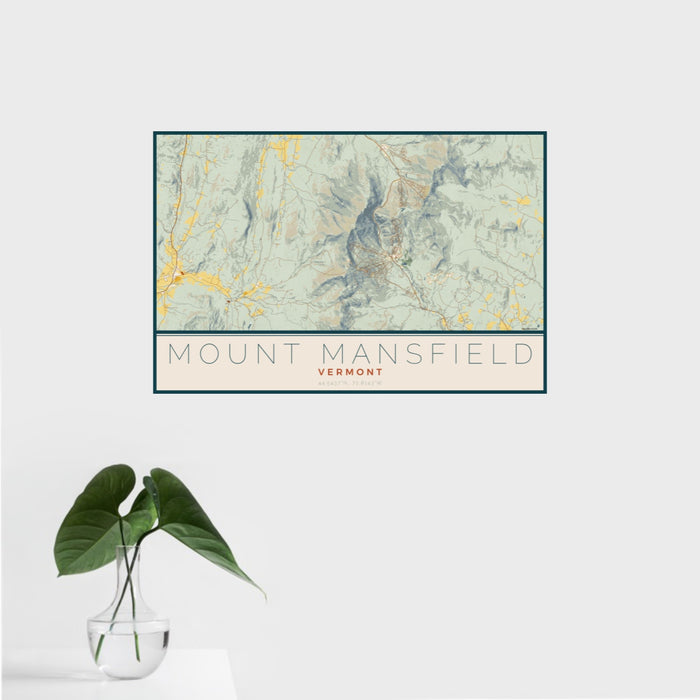 16x24 Mount Mansfield Vermont Map Print Landscape Orientation in Woodblock Style With Tropical Plant Leaves in Water