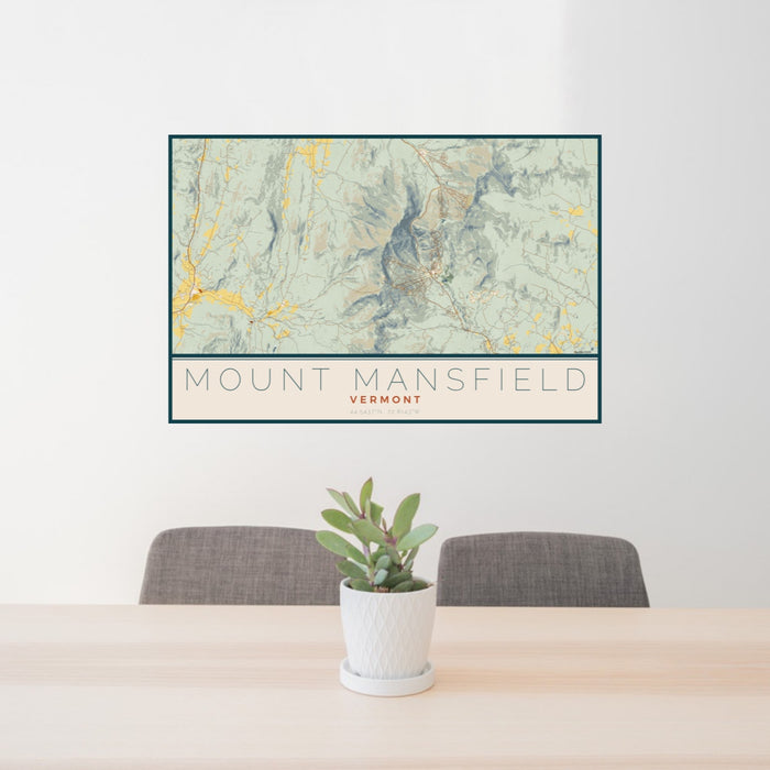 24x36 Mount Mansfield Vermont Map Print Landscape Orientation in Woodblock Style Behind 2 Chairs Table and Potted Plant