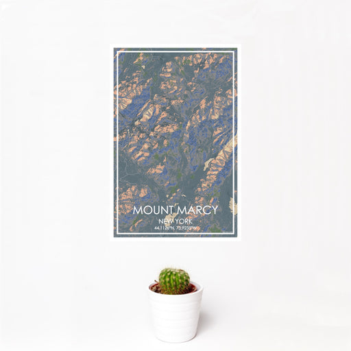 12x18 Mount Marcy New York Map Print Portrait Orientation in Afternoon Style With Small Cactus Plant in White Planter