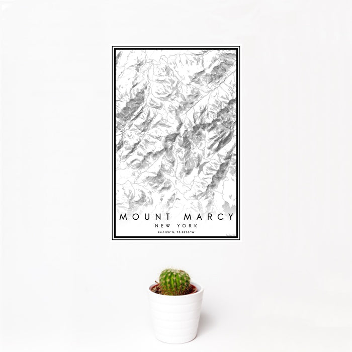 12x18 Mount Marcy New York Map Print Portrait Orientation in Classic Style With Small Cactus Plant in White Planter