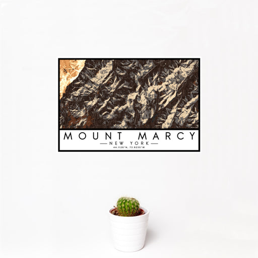 12x18 Mount Marcy New York Map Print Landscape Orientation in Ember Style With Small Cactus Plant in White Planter