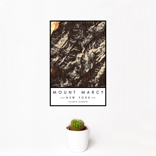 12x18 Mount Marcy New York Map Print Portrait Orientation in Ember Style With Small Cactus Plant in White Planter
