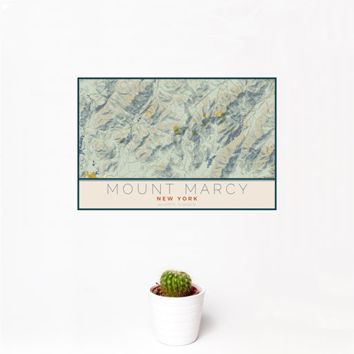 12x18 Mount Marcy New York Map Print Landscape Orientation in Woodblock Style With Small Cactus Plant in White Planter