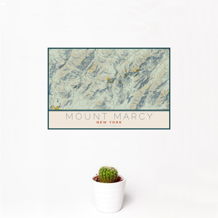 12x18 Mount Marcy New York Map Print Landscape Orientation in Woodblock Style With Small Cactus Plant in White Planter