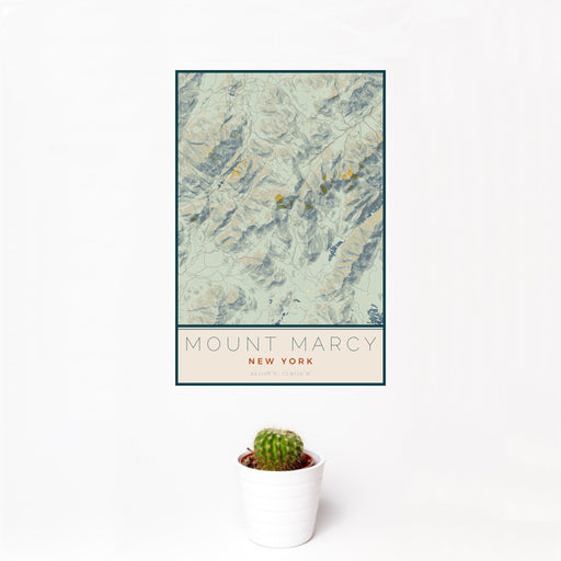 12x18 Mount Marcy New York Map Print Portrait Orientation in Woodblock Style With Small Cactus Plant in White Planter