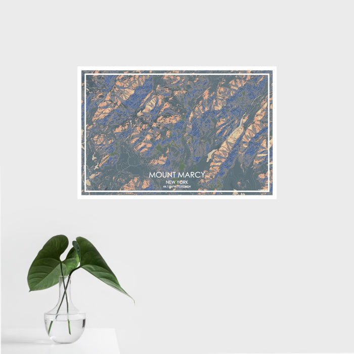 16x24 Mount Marcy New York Map Print Landscape Orientation in Afternoon Style With Tropical Plant Leaves in Water