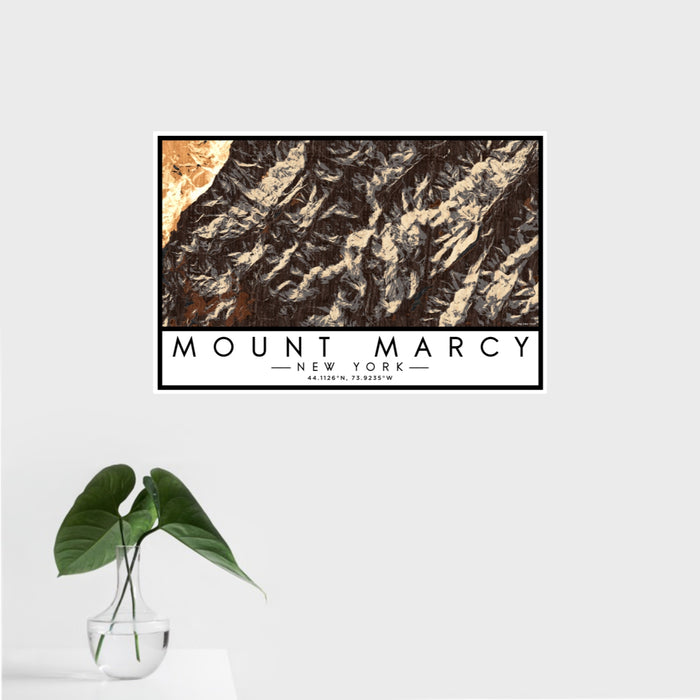 16x24 Mount Marcy New York Map Print Landscape Orientation in Ember Style With Tropical Plant Leaves in Water