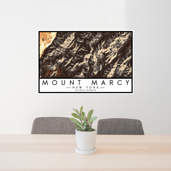 24x36 Mount Marcy New York Map Print Lanscape Orientation in Ember Style Behind 2 Chairs Table and Potted Plant
