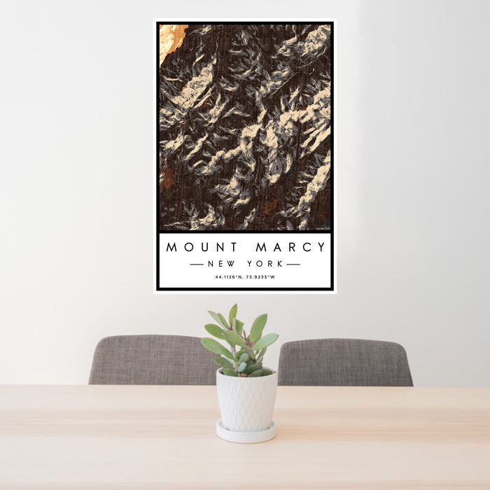 24x36 Mount Marcy New York Map Print Portrait Orientation in Ember Style Behind 2 Chairs Table and Potted Plant