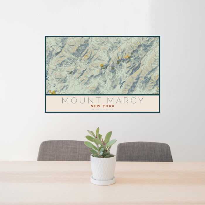 24x36 Mount Marcy New York Map Print Lanscape Orientation in Woodblock Style Behind 2 Chairs Table and Potted Plant