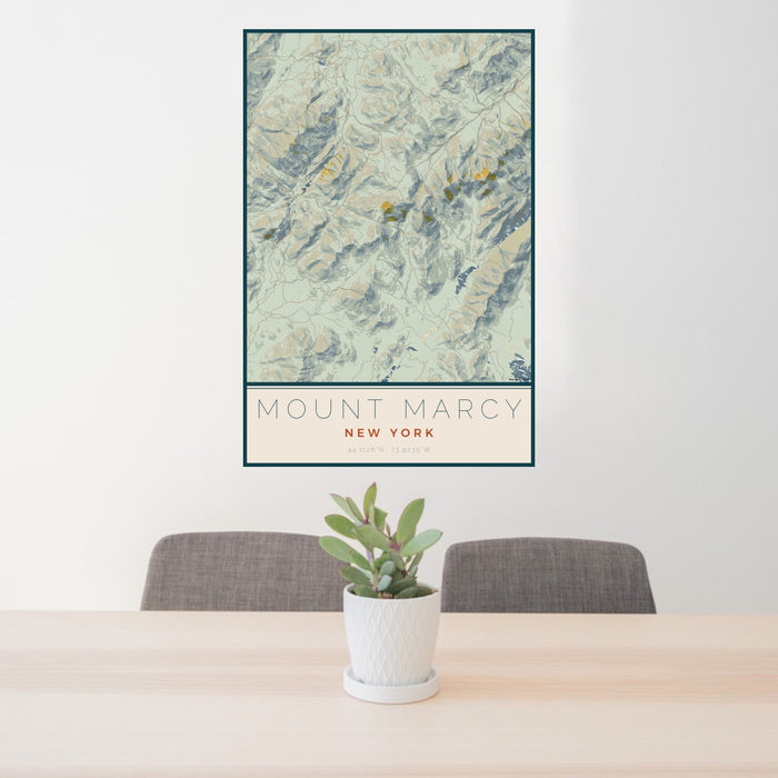 24x36 Mount Marcy New York Map Print Portrait Orientation in Woodblock Style Behind 2 Chairs Table and Potted Plant