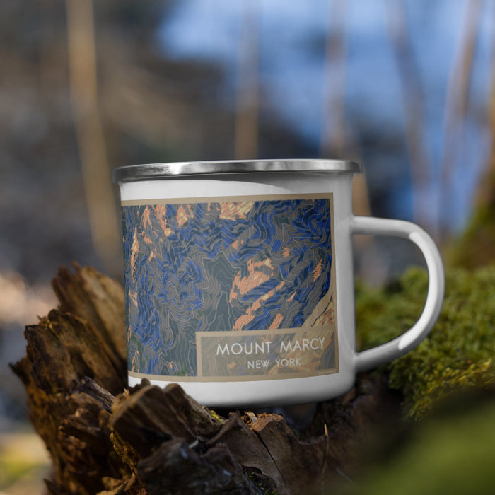 Right View Custom Mount Marcy New York Map Enamel Mug in Afternoon on Grass With Trees in Background