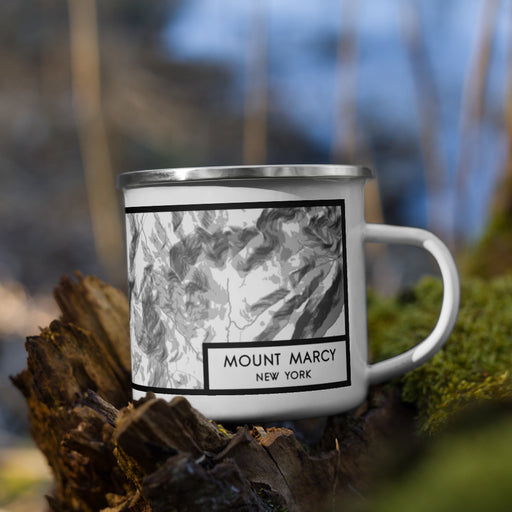 Right View Custom Mount Marcy New York Map Enamel Mug in Classic on Grass With Trees in Background
