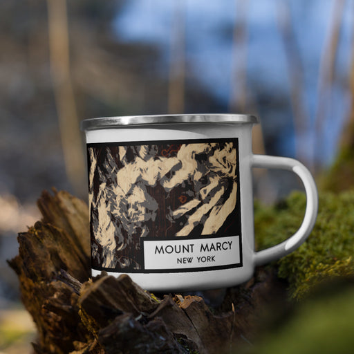 Right View Custom Mount Marcy New York Map Enamel Mug in Ember on Grass With Trees in Background