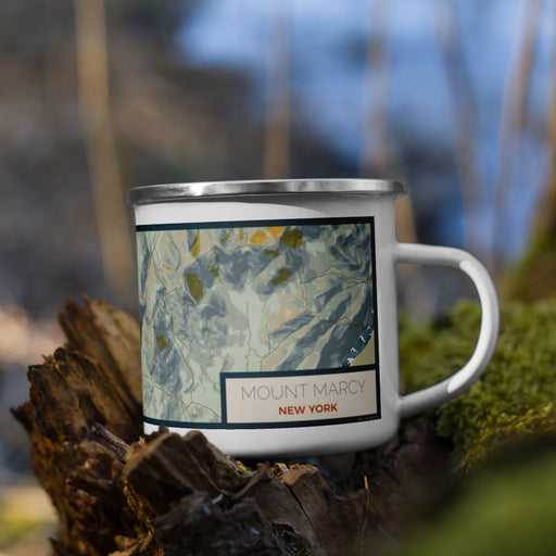 Right View Custom Mount Marcy New York Map Enamel Mug in Woodblock on Grass With Trees in Background